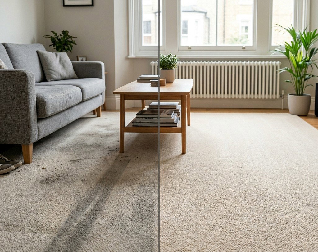 before-and-after split-screen image of a light beige residential carpet inside a modern London family home living room