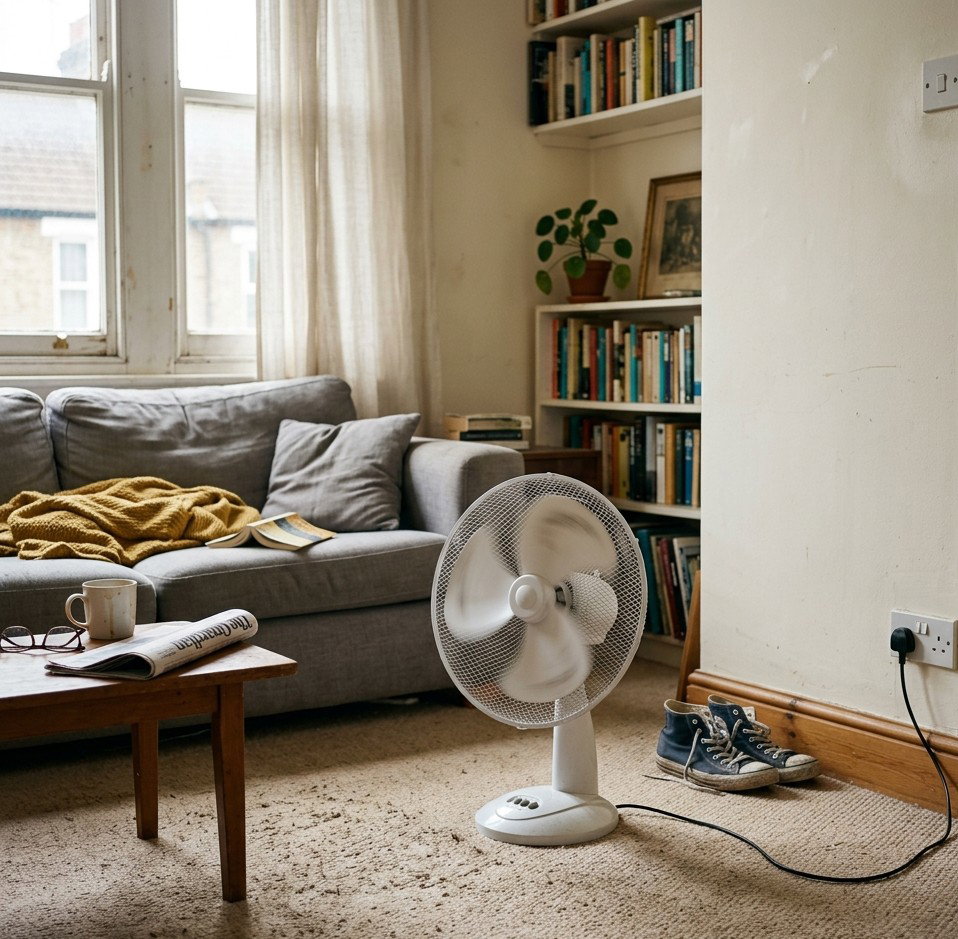 a small white oscillating desk fan placed directly on a slightly worn beige carpeted floor