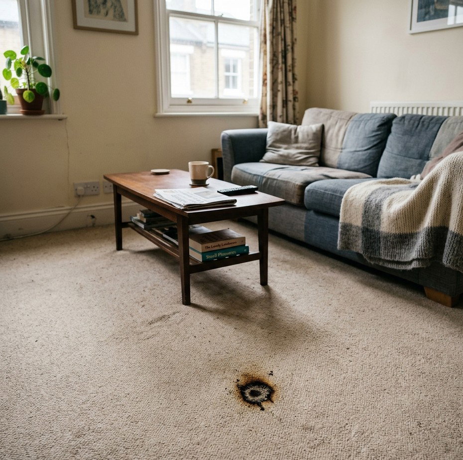 a small but clearly visible burn mark on a light beige carpet inside a modest yet cosy London residential flat