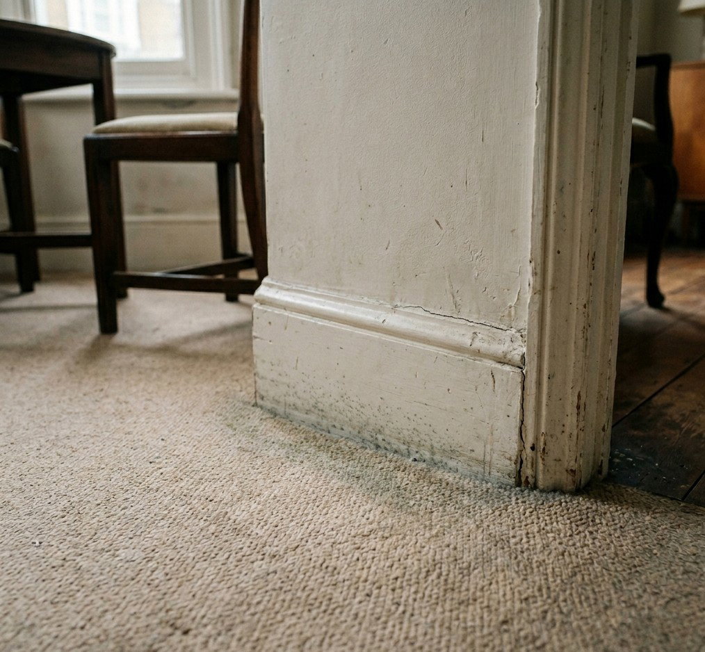 a beige-coloured carpet in the corner of a ground-floor Victorian flat in London