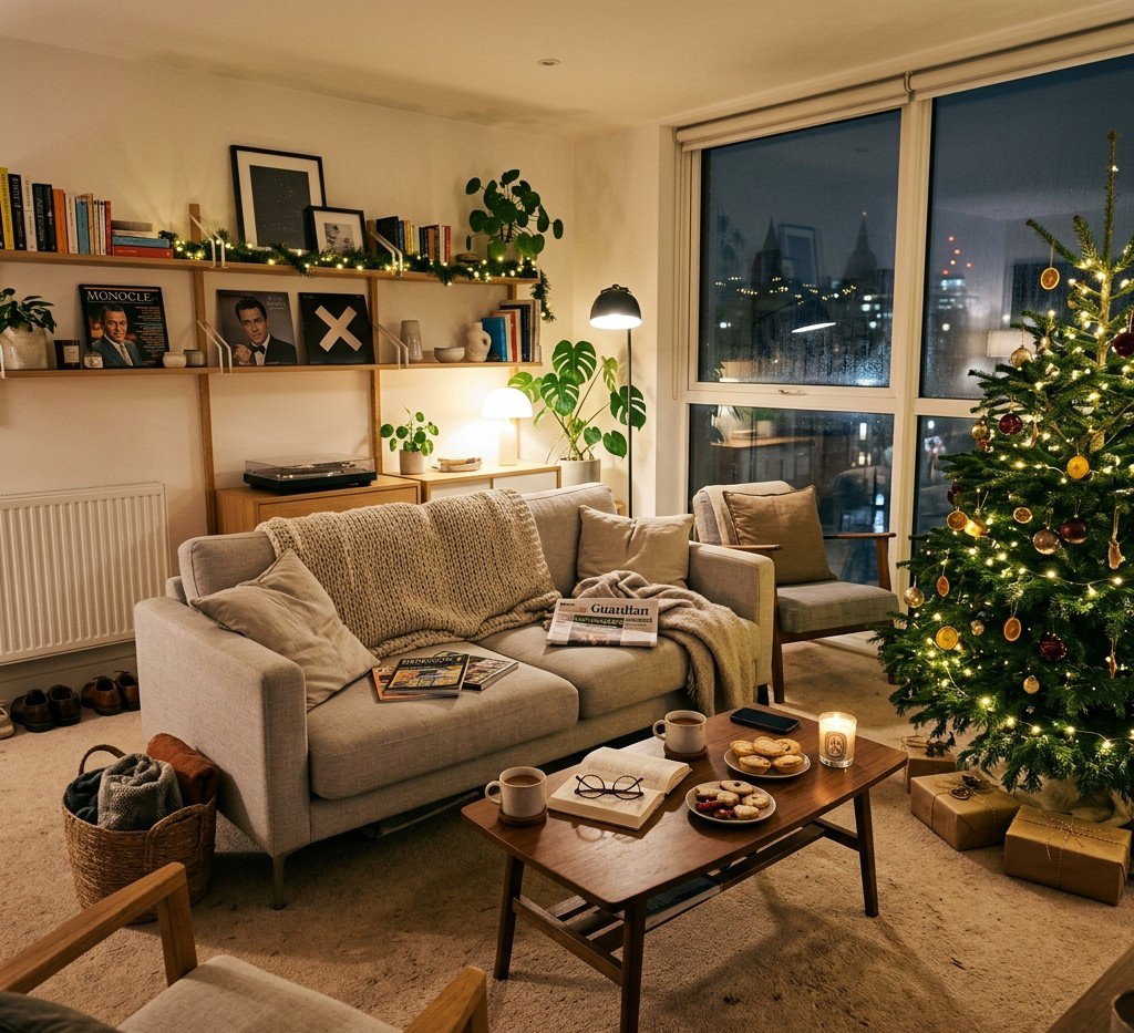 a cosy modern lived-in London apartment during Christmas
