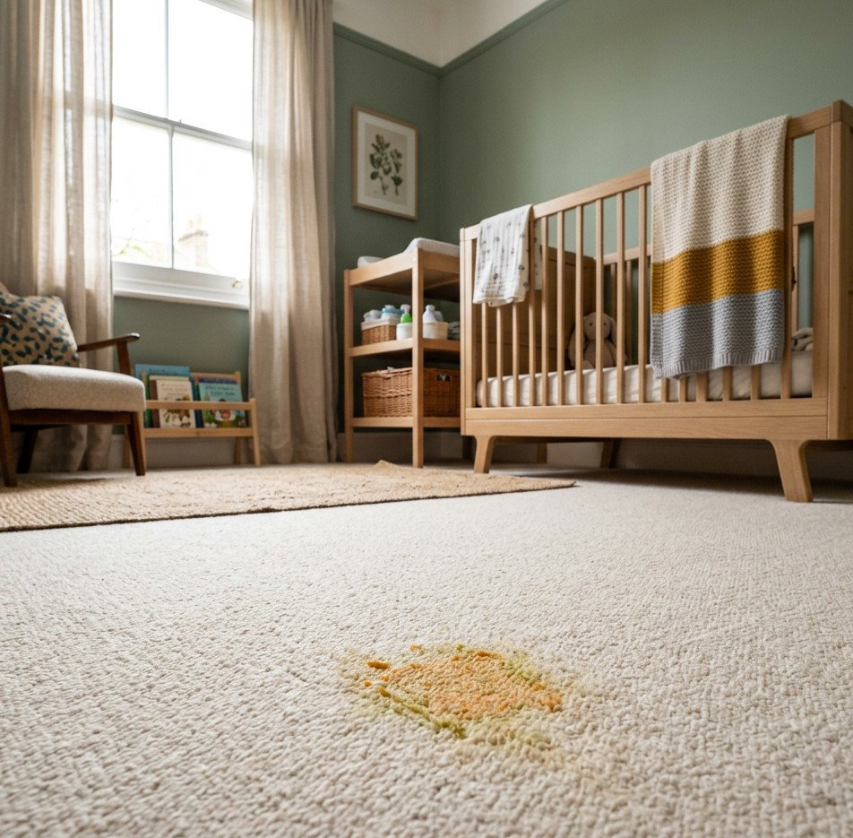 a soft white cream-coloured carpet with a small but clearly visible vegetable puree stain